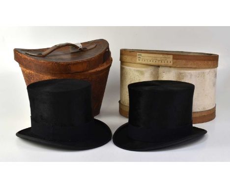 Two Edwardian boxed top hats, one in original leather carry case, with silk-lined interior with 'Imperial Christy's London' l