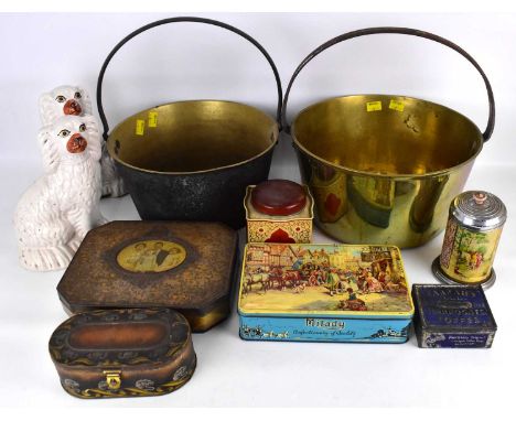 Mixed collectibles to include two Staffordshire King Charles Spaniel flatbacks, various lithograph printed biscuit tins and t