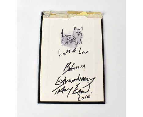TRACEY EMIN; a torn page from an autograph book bearing the artist's signature and doodle of a small dog with the dedication 