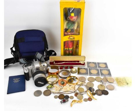 Various collectibles to include a Pelham 'Gypsy' puppet, various coins, mostly commemorative, to include a Victorian 1895 sil