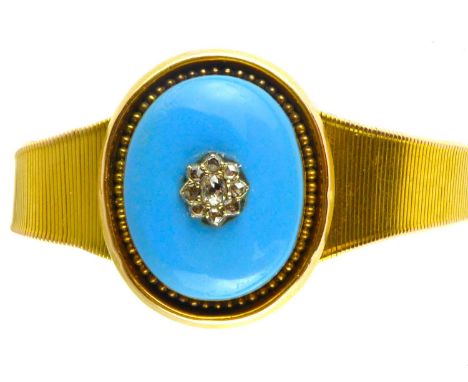 A late19th/early 20th century gold photograph locket bracelet, the central diamond cluster mounted on blue oval turquoise lid