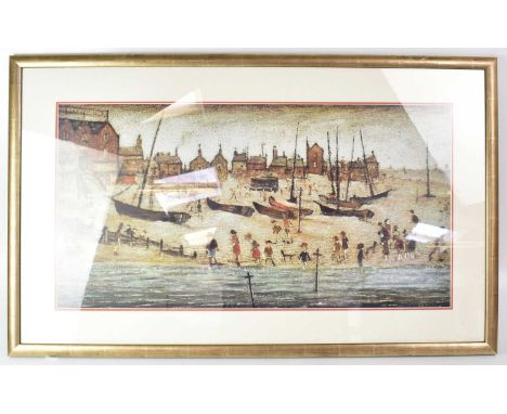 Three lithographic prints, comprising after L. S. Lowry; figures in a street scene, 61 x 44cm, another similar print of figur