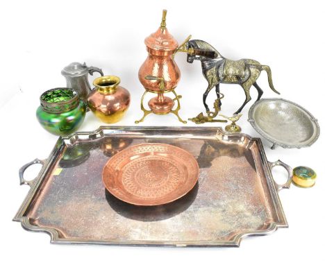 Various items of mixed metalware to include a large rectangular silver plated serving tray, 66 x 44cm, a cast metal and ename