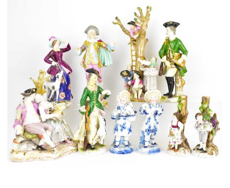 Ten mixed 19th century Continental porcelain figures, many in the Dresden Meissen style, height of tallest 25cm, height of sh