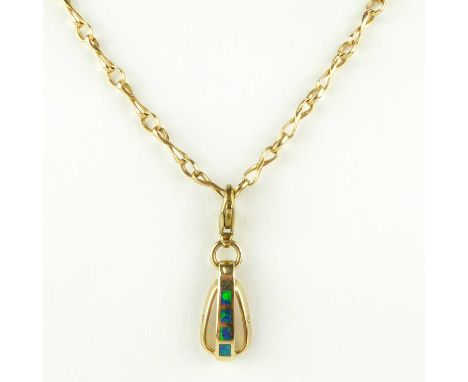 A 14ct gold contemporary pendant with faux opal inset square stones, on a 14ct gold fancy link chain with lobster claw clasp,