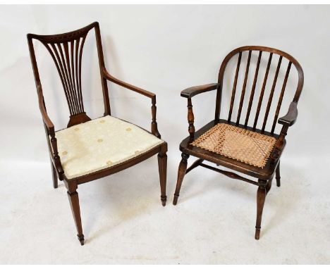 A pair of 19th century stick back bergère seated open armchair, together with an Edwardian mahogany carver dining chair with 