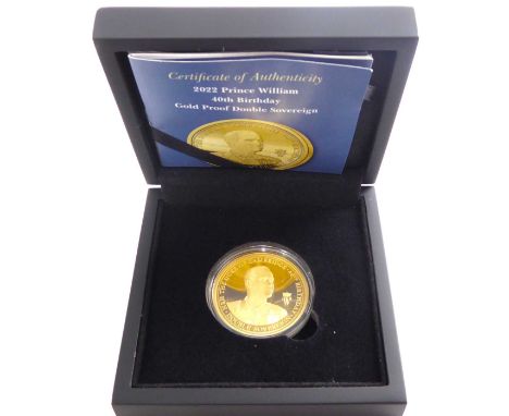 HATTONS OF LONDON; 2022 Prince William 40th birthday gold proof double sovereign, 22ct gold, portrait of Elizabeth II with po