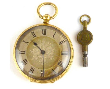 A 19th century 18K gold open face pocket watch, the silvered dial with floral central pattern and chapter ring set with Roman