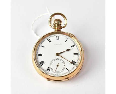 TROJAN; a 9ct gold open face pocket watch, the white dial set with Roman numerals and subsidiary seconds dial and inscribed '