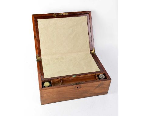 A 19th century mahogany writing slope with side drawer, 15 x 35 x 25cm and a Victorian brass bound mahogany writing slope wit