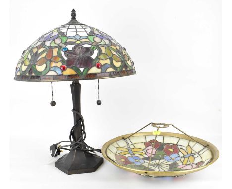 A modern Tiffany-style leaded glass desk lamp with double bulb filament, in a bronzed-look stand, height 57cm, diameter 40cm,