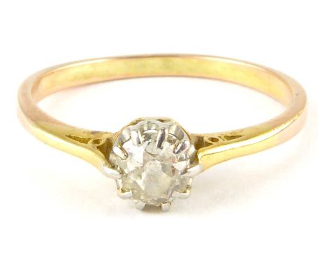 A gold solitaire ring with claw set rose cut diamond, approx 0.25ct, size N/O, approx. 1.7g.