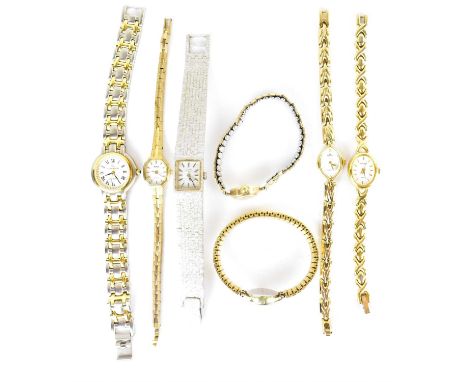 Seven various ladies' wristwatches to include a 9ct gold cased Excalibur example with crown wind movement, on gold plated fle