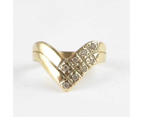 A 9ct gold wishbone ring with two rows of eight tiny white stones to one side, size I, approx. 2.4g.Condition Report: - Not d