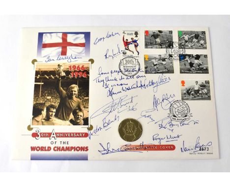 WORLD CUP 1966; a first day cover with commemorative coin bearing signatures to include George Cohen, Kenneth Wolstenholme, N