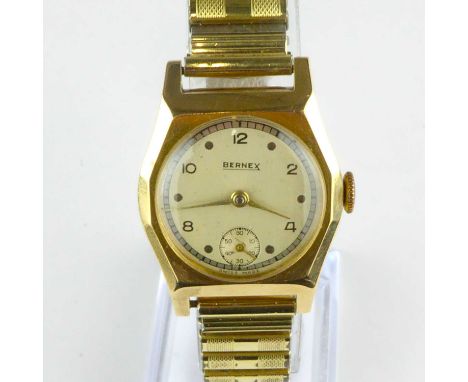 BERNEX; a ladies' vintage 14ct gold cased wristwatch with circular dial, and smaller seconds subsidiary dial, crown wind move