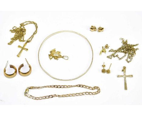 A quantity of assorted 9ct and yellow metal jewellery to include a bangle, a pair of earrings, etc, combined approx. 22g.