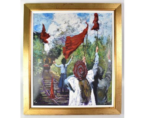 † TIMMY MALLETT (born 1955); a colour lithograph on canvas, depicting the Railway Children attempting to stop the steam train