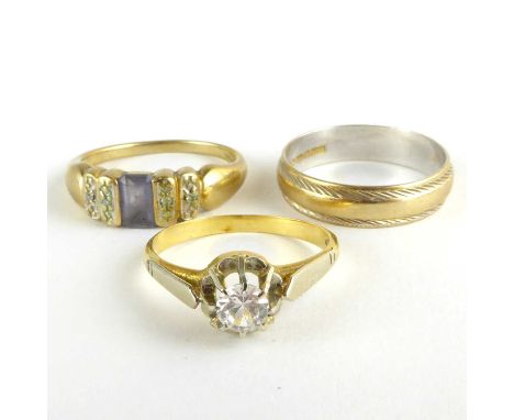 An 18ct gold single white stone ring, marked '750', size K, approx. 1.9g, together with a 9ct gold wedding band, size O and a