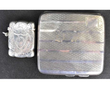 A George V hallmarked silver pocket cigarette case with engine turned striped pattern, 8 x 8cm, together with a late 19th cen