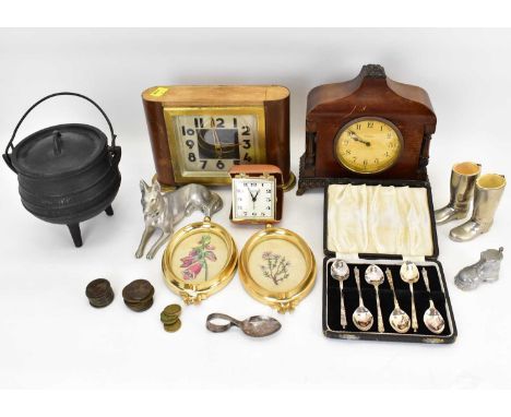 Various mixed collectibles to include two table clocks, cased travel clock, two aluminium novelty table lighters, one in the 