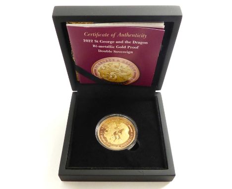 HATTONS OF LONDON; a '2022 St George &amp; the Dragon Bi-metallic Gold Proof Double Sovereign', solid 22ct rose gold and 22ct