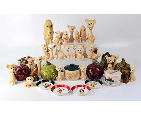 SYLVAC; a collection of ceramic stylised dogs, also a quantity of vegetable serving dishes and a set of four Wade pin dishes 