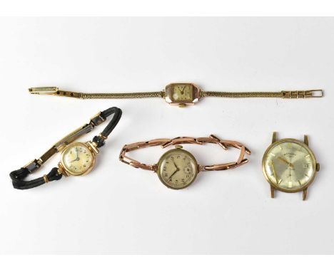 A Rotary watch head and three 9ct gold cased ladies' dress watches (4).