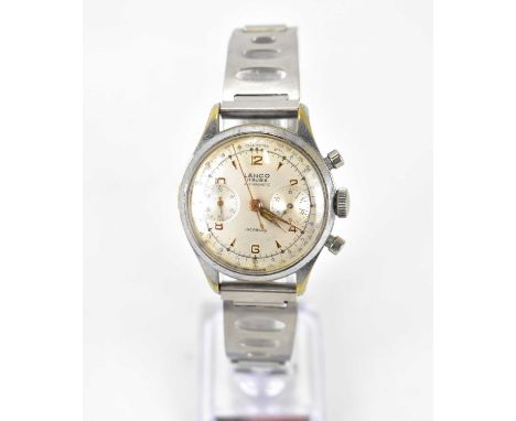 LANCO; a gentlemen's stainless steel 1970s chronograph wristwatch, the silvered dial set with Arabic numerals, seventeen jewe