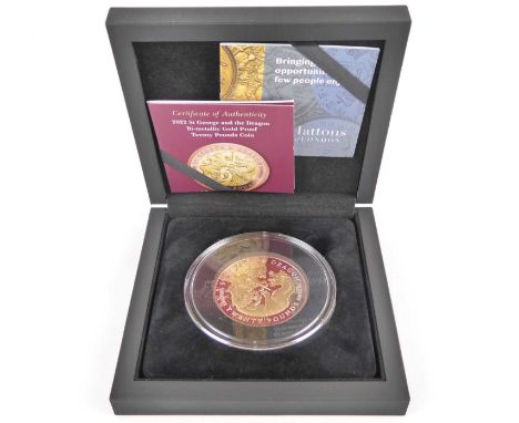 HATTONS OF LONDON; a '2022 St George &amp; the Dragon Bi-metallic Gold Proof £20 Coin', solid 22ct rose gold and 22ct solid y