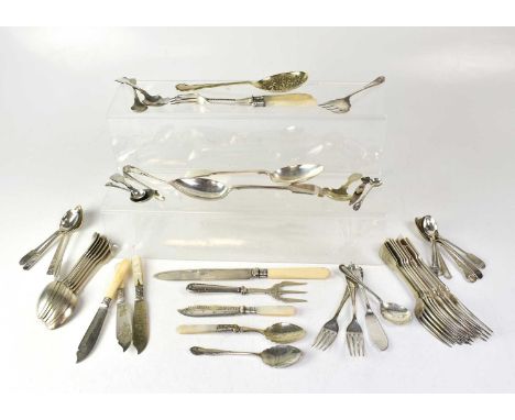 A quantity of silver plated ware to include flatware, cutlery, napkin rings, souvenir spoons, pierced basket, salver, posy, s