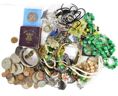 A mixed quantity of antique, vintage and modern costume jewellery, together with a small mixed bag of mainly pre-decimal Brit