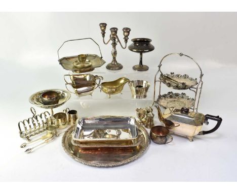 A quantity of assorted plated items, including a three-piece tea service, cake stand, entrée dish, toast rack, tray, etc.