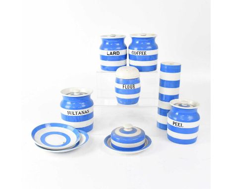 T G GREEN; nine pieces of Cornish ware to include covered pots, 'Lard', 'Peel', 'Sultanas' and 'Coffee', flour shaker, covere