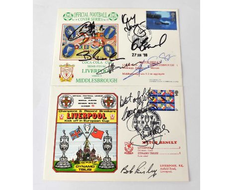 LIVERPOOL FC;  two first day covers bearing signatures to include Bob Paisley, Jimmy Case, Graeme Souness, Rafa Benitez, Gerr