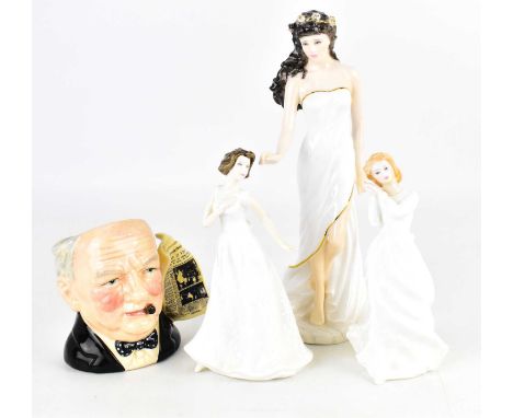 ROYAL DOULTON; D6934 'Winston Churchill', small character jug with newspaper modelled as handle, height 10cm, two porcelain f