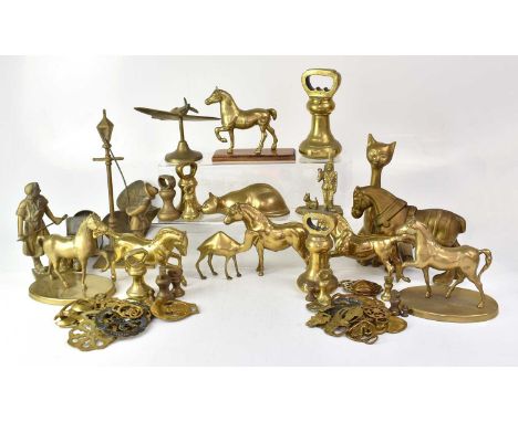 A quantity of brassware including horse brasses, coach lanterns, scale weights, ornaments, etc.