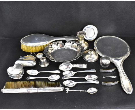 Various items of hallmarked silver to include five coffee spoons, a heart-shaped trinket box with 'Kathleen' to the top, a sm