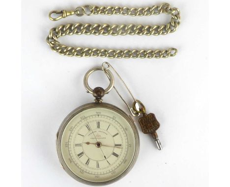 A hallmarked silver cased open-faced centre seconds chronograph pocket watch, white enamelled dial set with Roman numerals an