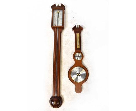 RUSSELL OF NORWICH; a reproduction stick barometer with various gauges, length 97cm, together with a reproduction banjo barom