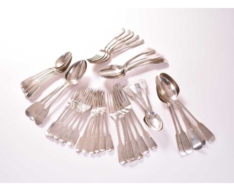 A collection of silver Fiddle pattern flatware, comprising; a set of six dessert spoons, William Bateman I, London 1818, a ma