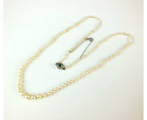 An untested graduated seed pearl necklace, with circular cabochon emerald and rose cut diamond cluster clasp, 41cm long, weig