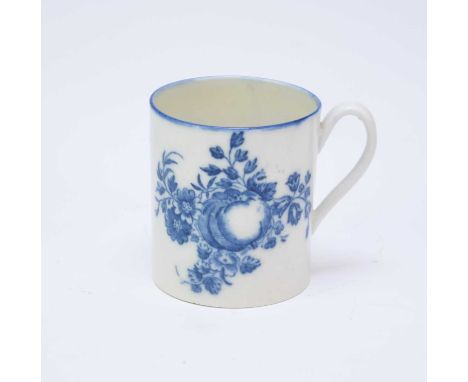 A small Caughley 'Apple and Damsons' coffee cancirca 1780-84with a grooved strap handle, transfer-printed in underglaze blue,