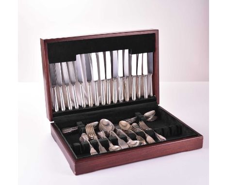 A cased canteen of Victorian Fiddle pattern silver flatware, George Adams for Chawner and Co, 1842-1860, comprising; twelve t