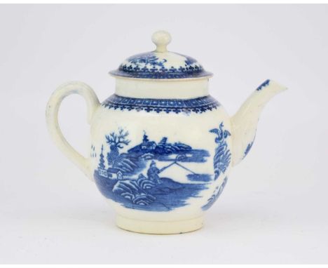 A Caughley 'Fisherman' or 'Pleasure Boat' teapot and covercirca 1785-90of globular form with a slightly ridged handle, transf
