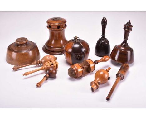 A collection of treen ware, 18th-19th centuryIncluding three turned mallets, a brass-bound tea caddy with key, a Royal Nation