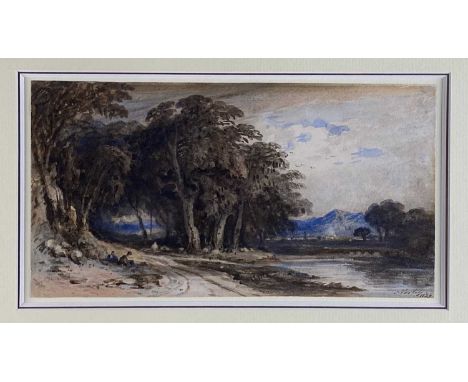 John Varley (British 1778 – 1842) Figures Resting by a Lakeside, signed and dated 1839 lower right, watercolour, 14.5 x 27.5 