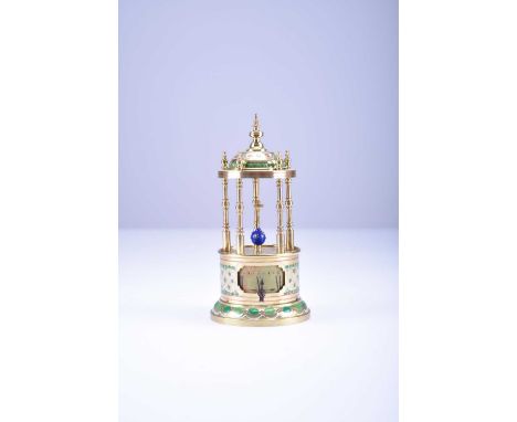 A Eugene Farcot enamelled brass mystery alarm clockModelled as a pergola or bandstand with domed roof surmounted by a turned 