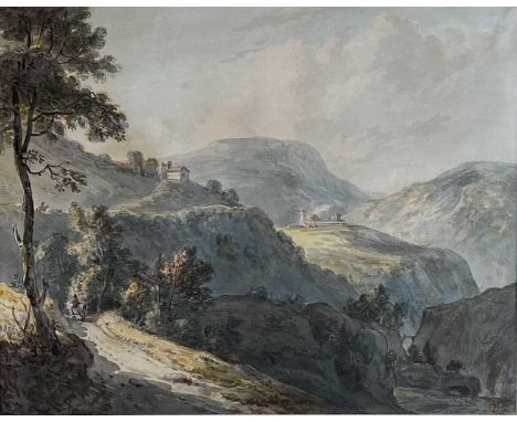 Paul Sandby R.A. (1725 – 1809) Capriccio Landscape with a horse and rider ascending a hillside track towards rural buildings,