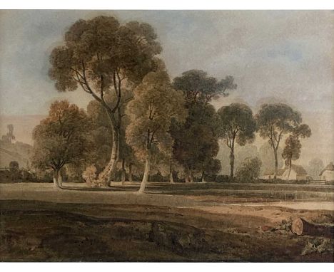 John Varley OWS (British 1778 – 1842) Wooded Landscape with Village Beyond, signed lower right, watercolour, 24 x 32 cm, fram